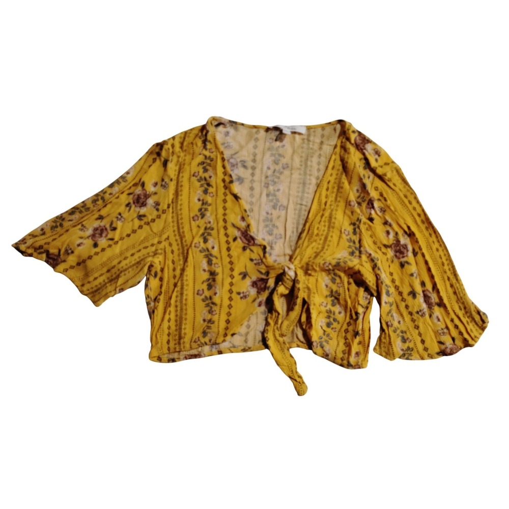 Love Tree Mustard Yellow Floral Tie Front Crop Topā Bell Sleeve Womens Large